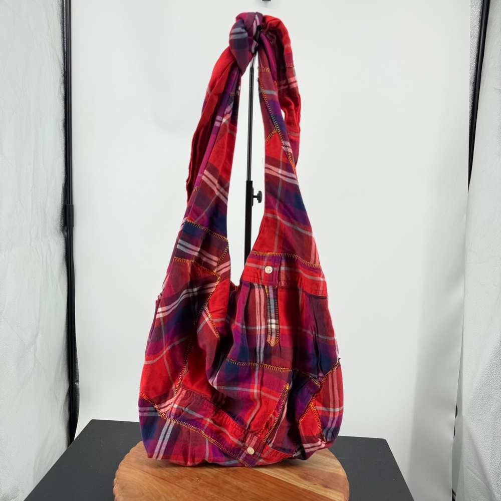 handmade Yoslandy Designs plaid flannel shirt bag red blue